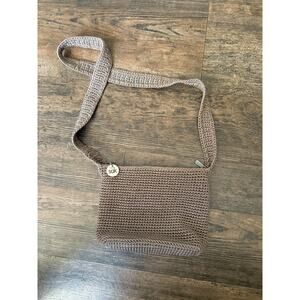 The Sak Crochet Knit Woven Shoulder Crossbody Tan Bag Purse Zipper Close